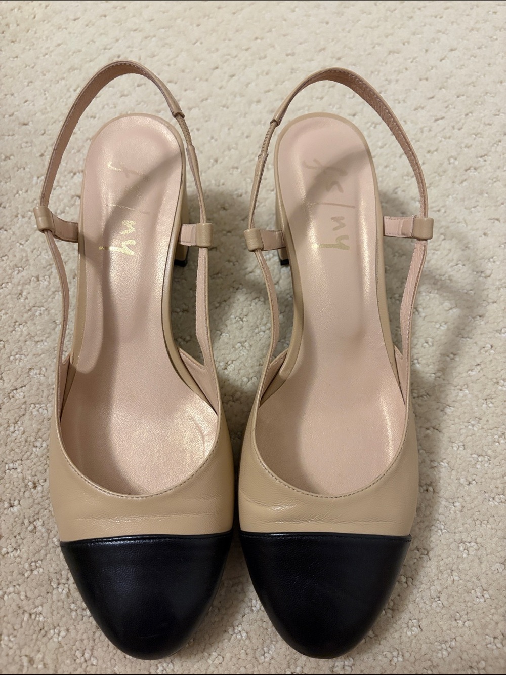 French Sole Beige and Black Slingback Pumps